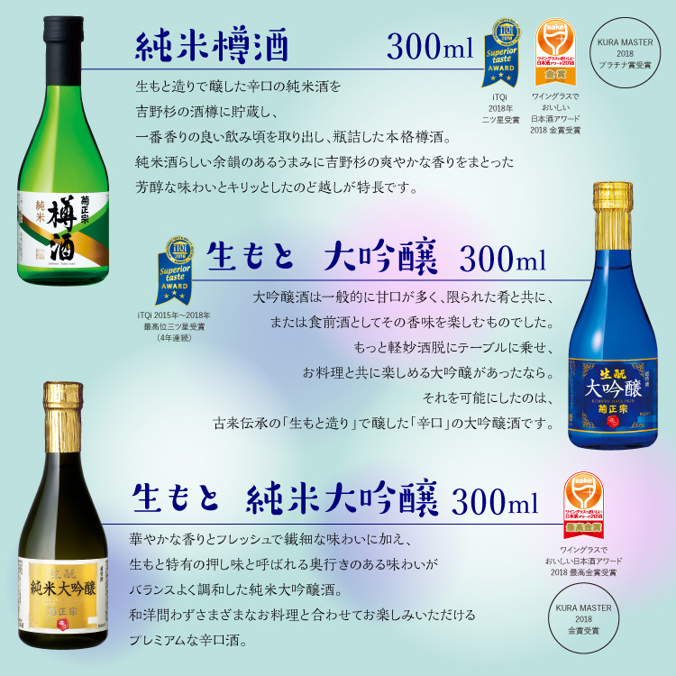 ［セット内容］純米樽酒 300ml、生もと大吟醸 300ml、生もと 純米大吟醸 300ml