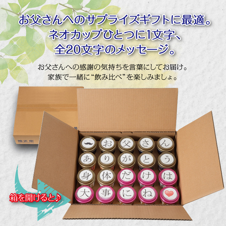 お父さんへのサプライズギフトに最適。ネオカップひとつに1文字、全20文字のメッセージ。