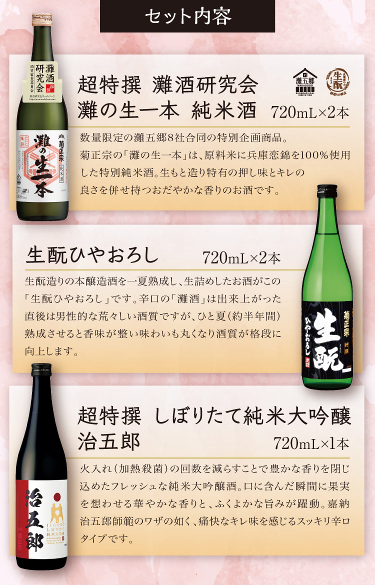 【セット内容】●超特撰 灘酒研究会 灘の生一本 720mL×2本 ●特撰 生酛 ひやおろし 720mL×2本 ●超特撰 しぼりたて純米大吟醸 治五郎 720mL×1本