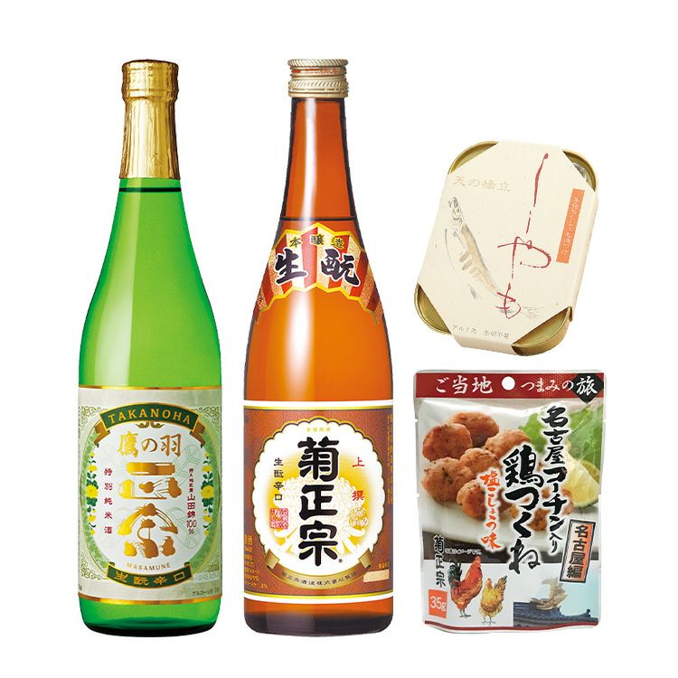 「菊正宗 特別純米酒 鷹の羽＆生&#37211;本醸造飲み比べセット　ししゃも缶詰とつくね付き」